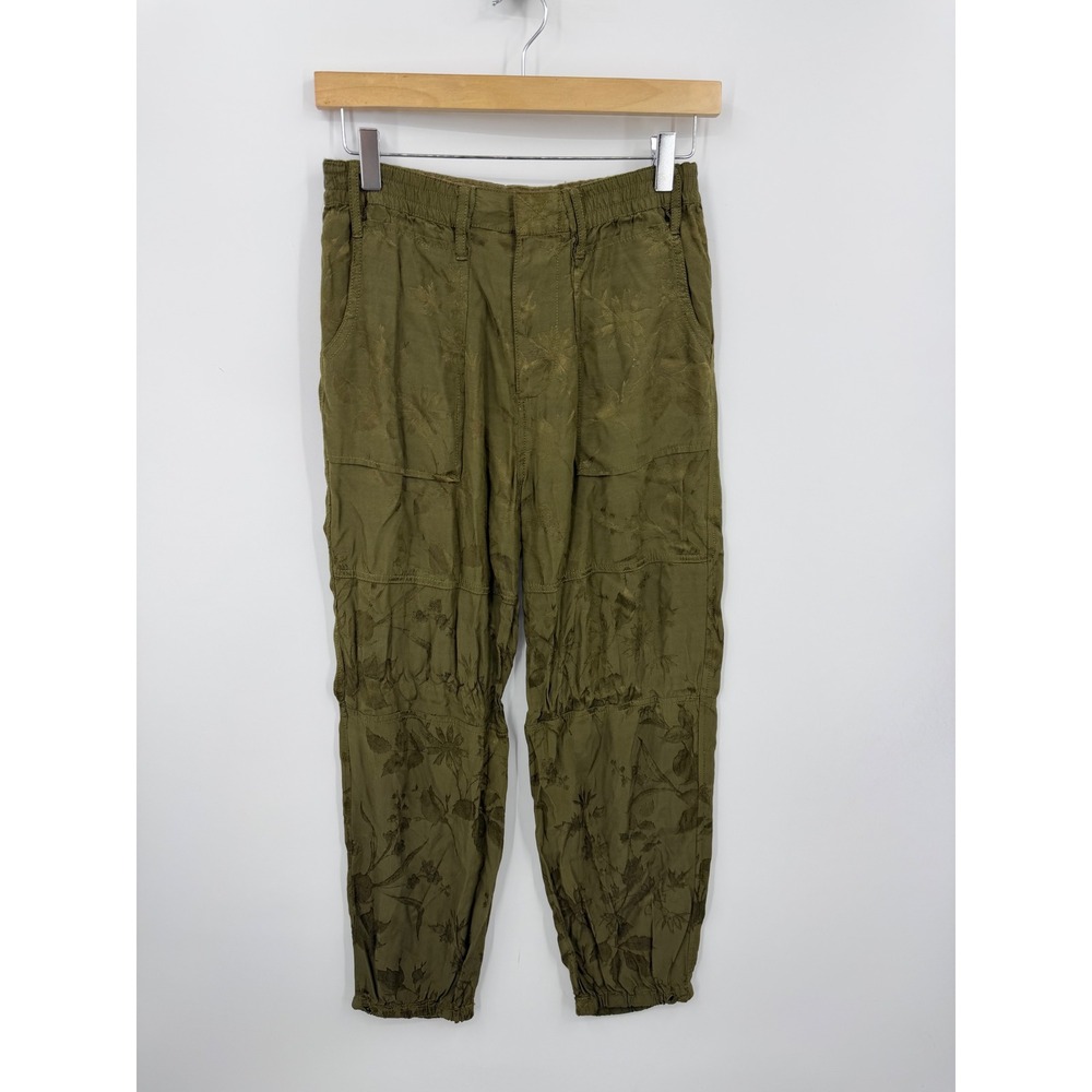 Anthropologie Floral Jacquard Jogger Pants Women XS Olive Green Elastic Waist